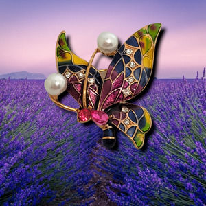 Gold Tone Round White Faux Pearl Multi Color Enamel Crystal Butterfly Brooch